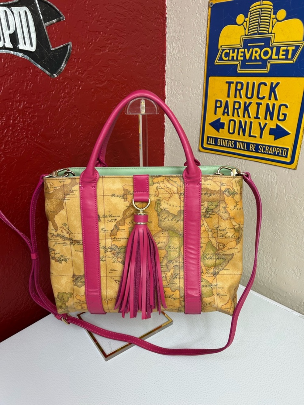 Alviero Martini World Map Tote with Pink Trim and Tassel
